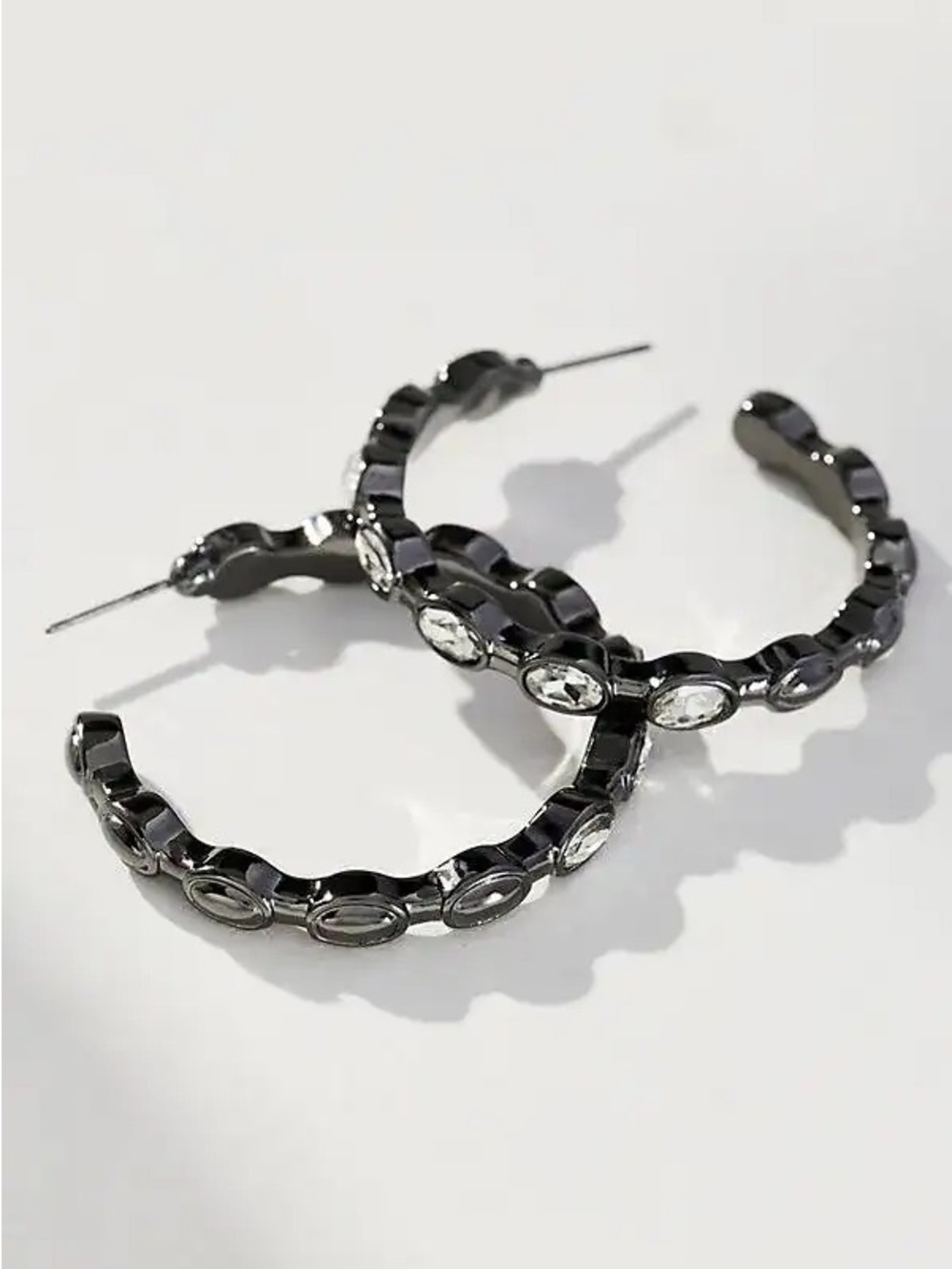 Anthropologie Wavy Crystal Hoop Earrings in Gunmetal Finish Post Back, NWT